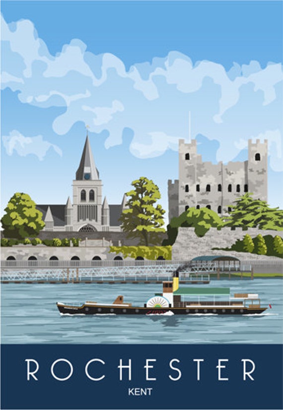 ROCHESTER. Art print Travel Poster of Rochester Castle and