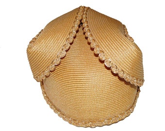 Gold Hat, Straw Hat, Ric Rac Trim, Vintage 1950s, Hat Size 22, Vintage Hats, Hat Collector Gift, 1950s