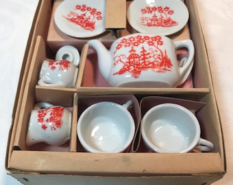 Child's Porcelain Tea Set with Red Chinese House Design