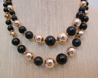 Vintage Double Strand Black & Gold Bead Choker Necklace - Japan