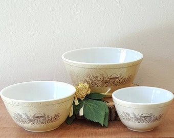 Vintage Pyrex Mixing Bowl Set Forest Fancies 1980's 3 Pyrex Nesting Bowls