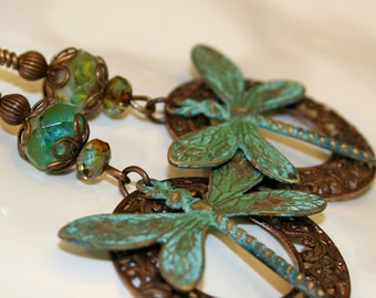 Patina Dragonfly Earrings, Green earrings, Verdigris dangle earrings, Vintaj jewelry, Patina jewelry