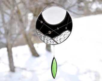 Moon suncatcher,Stained glass suncatcher,Black and white art,Window suncatcher,Hanging mobile, Native art,Garden decoration,Dreamcatcher