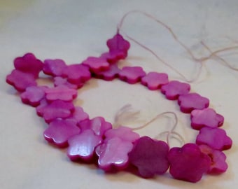 Fuchsia Dyed Mother-of-Pearl Shell Flower Beads, 15mm, 16-inch strand, Wholesale Beads