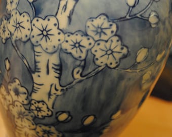 Vintage Chinese Chinoiserie Cylinder Vase with Prunus Blossom, Chinese Blue and White Vase, Chinoiserie Decor, Chinese Prunus Vase