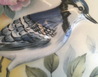 American Bird Series Blue Jay Collector Plate With dark wood stand