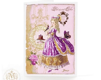 Marie Antoinette let them eat cake card, French vintage style in purple and gold, blank inside
