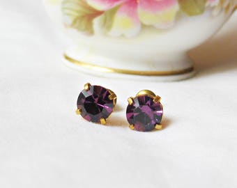 Amethyst Purple Earrings For Women - Ear Studs Gift Jewelry Jewellery Crystal - Vintage Glass Round Circle Chunky Teens