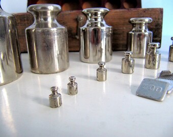 Set of 20 Antique gram kitchen weights Apothecary steel Weight in Wood Box from 1 gr to 500gr Vintage decor Retro Soviet Weights for Scale