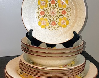 Vintage, 1970's, Mikasa Japan, Gallery, Dinnerware set for four, Yellow and orange flowers, green leaves, vintage dinnerware