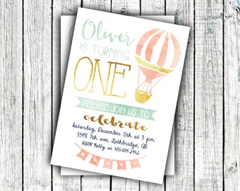 Printable Birthday Invitation, First Birthday, Watercolor, Hot air balloon, Gold Mint and Coral, Sizes 4x6 or 5x7 #40