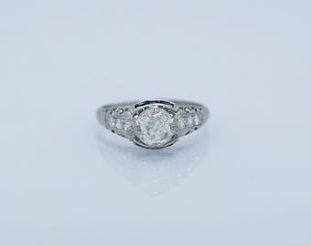 Art Deco .90ct. Diamond & .20ct. T.W. Sapphire Antique Engagement Ring Platinum - J36694