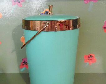 Plas-Tex Ice Bucket Metal Green Blue Rubber Plastic Bar Home Kitchen Shelf Decor Mid Century Modern Retro Vintage
