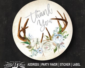 Boho Horns Circle Label | Rustic Address Label | Custom Thank You Wedding Favor Sticker Bridal Baby Shower Blue Silver Deer Horns Winter