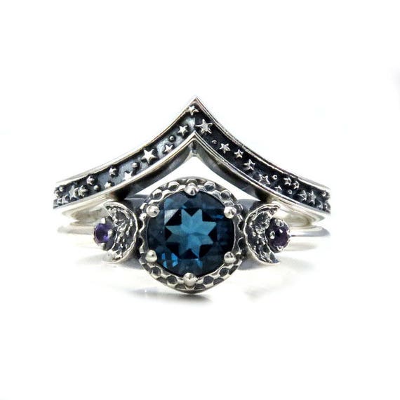 London Blue Topaz Moon and Stars Sterling Silver Engagement Moon Ring Set