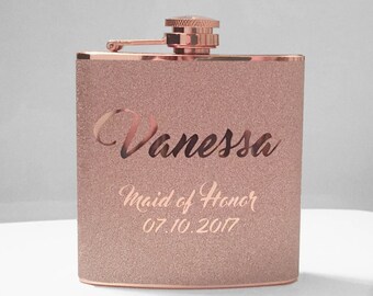 Personalized Glitter Copper or Silver Stainless Steel 6 oz Liquor Hip Flask- Gifts for Maid of Honor or Bridesmaids BF-F1029