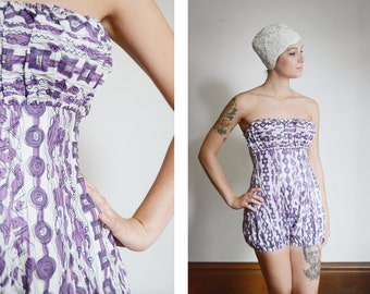 Deala of Miami 1950s Purple Patterned Playsuit - S