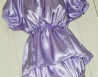 Silky short lilac satin sissy dress with matching slithery sissy panties, Sissy Lingerie