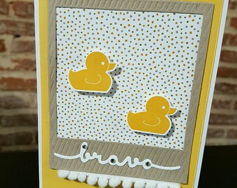 Scrapbooking card "bravo little ducks" yellow and taupe + envelope