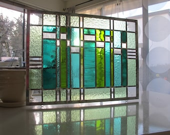 Stained Glass Modern Abstract Greens and Blues