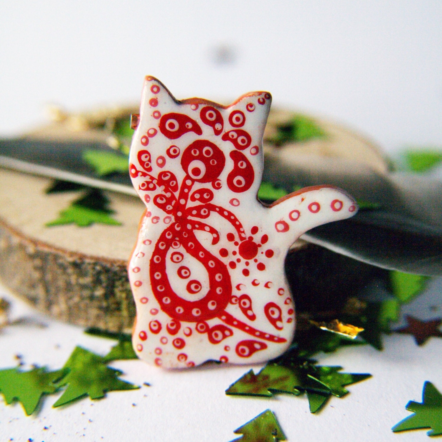 White cat cat motif cat pattern cherry red flowers