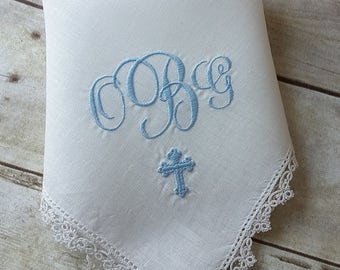 Monogrammed Handkerchief With Cross | Wedding Handkerchief | Blessing | Baptism | Christening | Bouquet Wrap | Bridesmaid | Wedding Gift