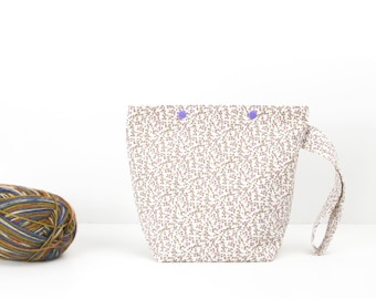 Floral project bag, one skein sock knitting bag with snaps, crochet organiser with purple flowers