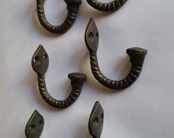 6 Antique Vintage Style Single Twisted Rope Brass Coat Hat Towel Hooks 2 1/4" long #C6