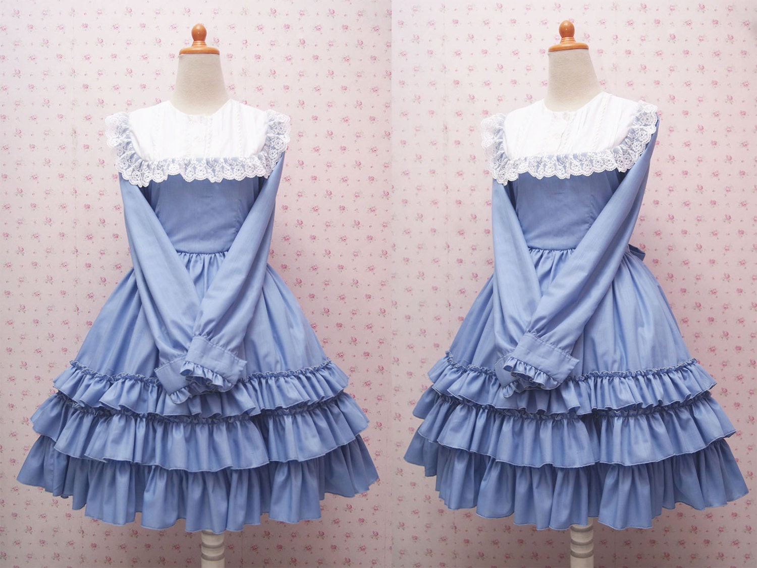 Baby Blue Long Sleeve Classic Victorian Dress With Pleated