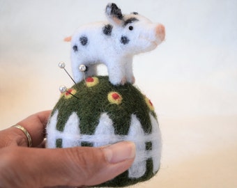 Teacup Pig on a Grassy Mound Pincushion, needle felted sculpture