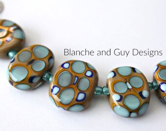 Artisan Lampwork Glass Bead Set in Taupe Brown Cobalt Blue and Turquoise Blue For Jewelry Making Design