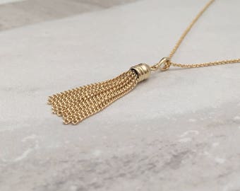 Golden Tassel Charm Necklace, Gold Chain Tassel Pendant Necklace , Gold Finish, SKU: NP122