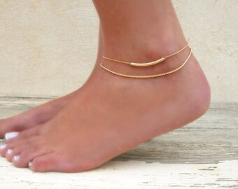 Gold Anklet Set, 2 Gold Anklets - Gold Rope Chain Anklet, Gold Tube Anklet, Set Of 2 Anklets, Gold Filled Anklet, Layering Gold Anklets