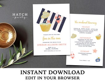 Bachelorette Weekend Invitation with Itinerary INSTANT DOWNLOAD, Editable Template, girls weekend, beach weekend, edit fonts and font colors