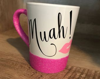 Glitter dipped Muah Kiss coffee mug. Valentine's Day Gift