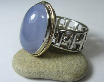 Chalcedony Ring Blue, Blue 14k Gold Ring, Gold Silver Blue Ring, Chalcedony Ring, Chalcedony Ring Silver, Blue Gemstone Ring, Oval Blue Ring