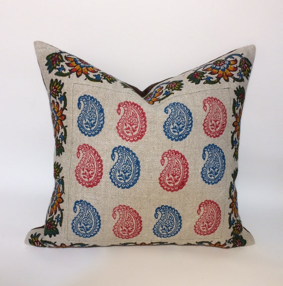 Pink and blue paisley pillow, Irish linen pillow with traditional block printed paisley design| decorative cushions| linen pillowcase 18"x1