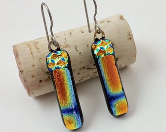 Fused Glass Earrings, Fused Glass Jewelry, Gold Fused Glass Earrings, Glass Earrings, Hypoallergenic Earrings, Dichroic Glass Earrings