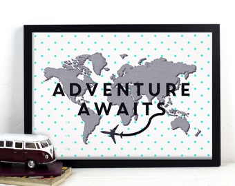 World Map Poster, Adventure Awaits, Polka Dot, Mint, Scandinavian, Minimal, Nursery Print, Map of World, Nursery Decor, Wanderlust, Map Art