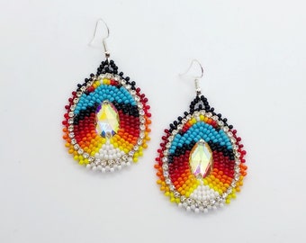 Native American Beaded Earrings - Handmade - Buckskin Backing - Powwow Earrings - Powwow Bling - Rhinestone Edging