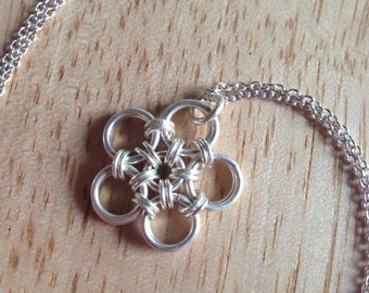 Silver Flower Necklace - Chainmaille, Japanese Weave