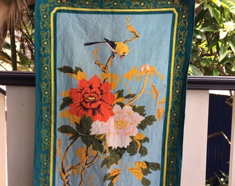 Vintage bird and floral linen teatowel
