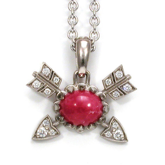 Rhodonite and Diamond Arrow Pendant - 14k Palladium White Gold