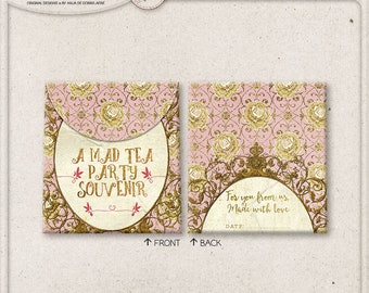 Gold and Pink Mad Tea Party Decorations, Printable Party Favor Bag, Digital Download, Printable Collage Sheet, Alice In Wonderland Decor