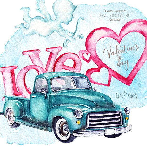 Download Valentine's Day Clipart, Watercolor Vintage turquoise Truck, Cupid, single letters, hearts, pink ...