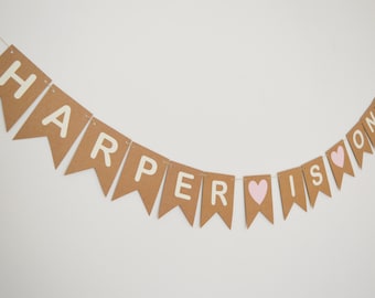 First Birthday Bunting , Personalised Name 1st Birthday Decorations, Pink Heart Banner Children's Decor Custom Name Banner Boy's decoration