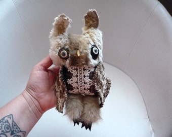 Lorna owl , soft art creature textile doll by Wassupbrothers, natural tones, retro woodland owl, recycled scrappy boho buho