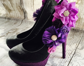 Womens Flower Adorned Shoes With a Glitter Heel and Sole Finish