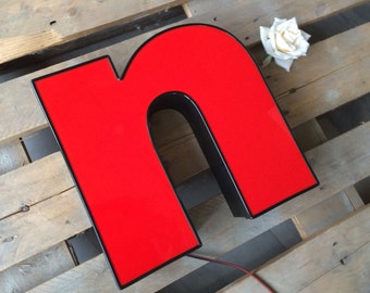 Channel letter N LED illimunation, letter tall 13'' (33 cm). Wall hanging illuminated LED letter. Industrial letter N. RED N letter