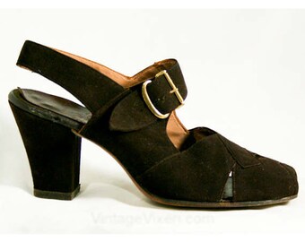 Size 6 40s Shoes - Chocolate Suede Peep-Toe Slingback - 6AA 1940s Shoe - Pumps - Deadstock - Fall - Mint Condition - Sophisticated - 40322-1